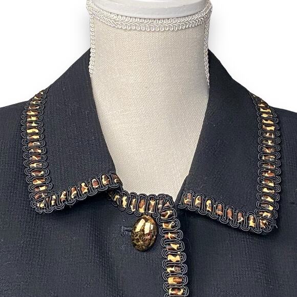 Vintage Rickie Freeman for TeriJon Black Wool Blazer w/ Animal Print Trim Sz 12 - Picture 1 of 10